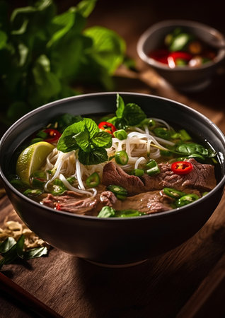 Vietnamese pho soup with beef and vegetables in a bowlの素材