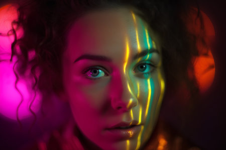 Portrait of a beautiful girl with long curly hair in neon light.の素材