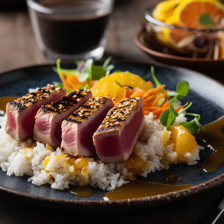 Tuna steak with rice and orange sauce on a wooden background.の素材