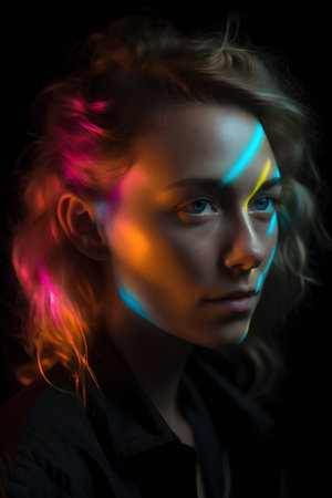 Futuristic portrait of a beautiful girl with glowing neon make-up.の素材