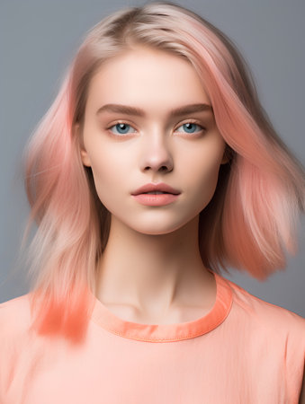 Portrait of a beautiful young girl with pink hair on a gray background.の素材