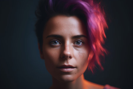 Portrait of a beautiful girl with pink hair on a dark backgroundの素材