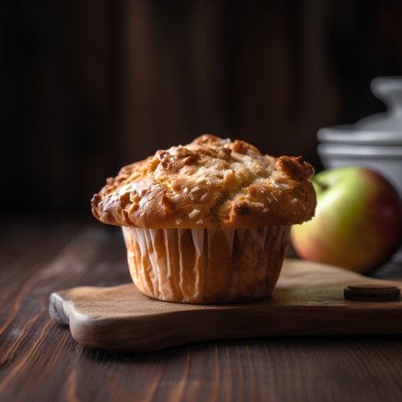 Homemade apple muffin on a wooden board, selective focus.の素材
