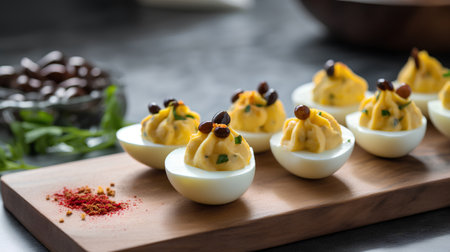 Stuffed deviled eggs with mayonnaise, selective focus imageの素材