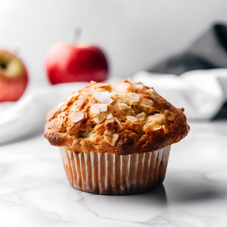 Delicious homemade apple muffin with almonds and fresh applesle table.の素材