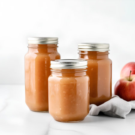 Healthy baby food in glass jars on white marble background. Copy space.の素材