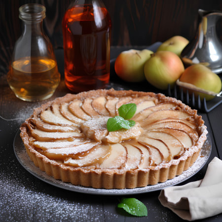 Homemade apple tart with fresh apples on a dark wooden background.の素材