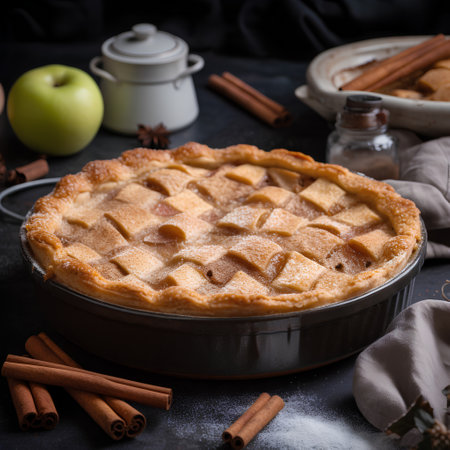 Homemade apple pie with cinnamon and anise on a dark backgroundの素材