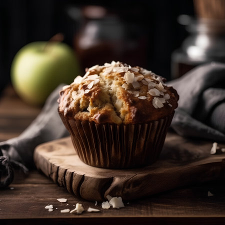 Homemade apple muffins with fresh apples and almond flakes, selective focusの素材