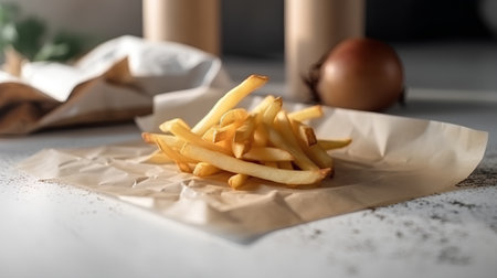 french fries in paper on the table, shallow depth of fieldの素材