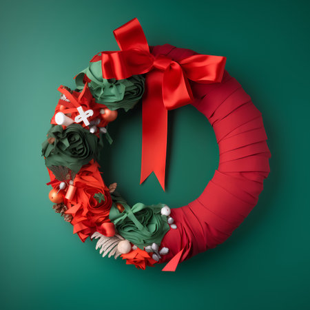 Christmas wreath with red ribbon on green background. 3d illustrationの素材