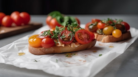 Bruschetta with cherry tomatoes and herbs on white parchment paperの素材
