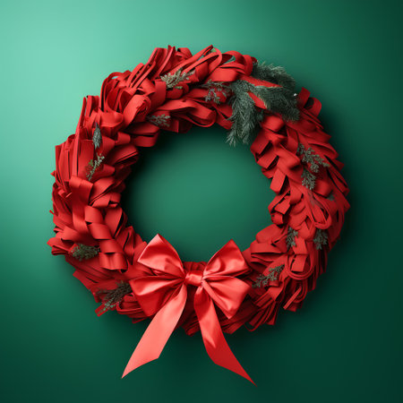 Christmas wreath with red ribbons on green background. 3d illustrationの素材