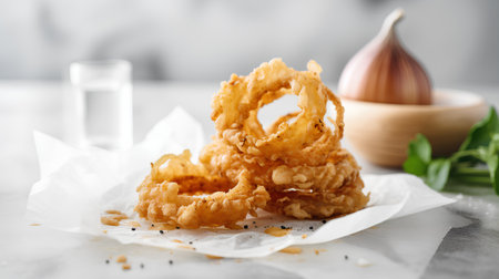 Crispy fried onion rings on a light background, selective focus.の素材