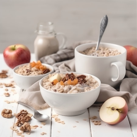 Oatmeal with fresh apples, walnuts and milk on wooden tableの素材