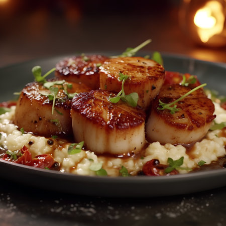 Grilled scallops with risotto, close up, verticalの素材