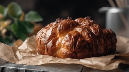 Freshly baked croissant on rustic wooden table, selective focusの素材