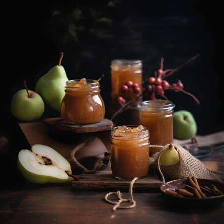 Homemade pear jam in glass jars with fresh fruits on rustic wooden background.の素材
