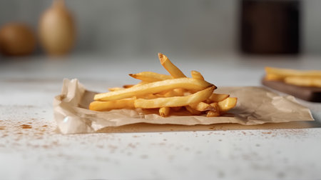 french fries in paper box on table, shallow depth of fieldの素材