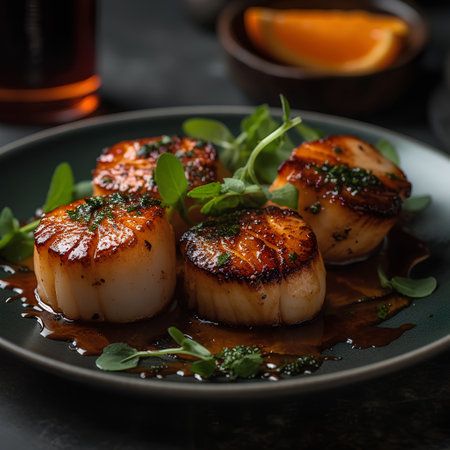 Grilled scallops with sauce on dark background, selective focusの素材