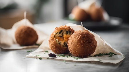 Breaded arancini with cheese and parsley, selective focusの素材