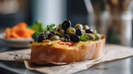 Delicious bruschetta with olives, tomato and cheeseの素材
