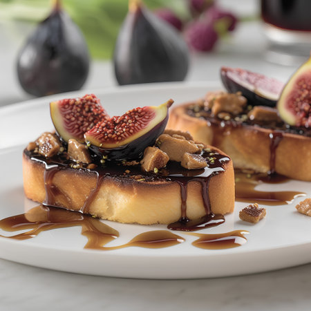 Toasted bread with figs and chocolate sauce on a white plateの素材