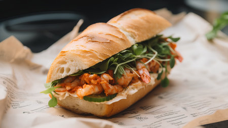 Sandwich with shrimps and arugula on wooden tableの素材