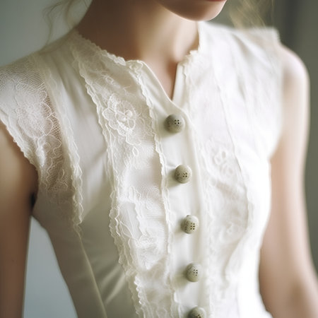 Close-up of a white lace blouse on a young womanの素材