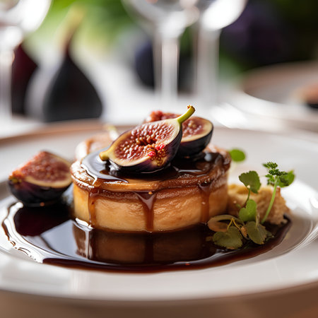 Pudding with figs and caramel sauce on a white plate.の素材