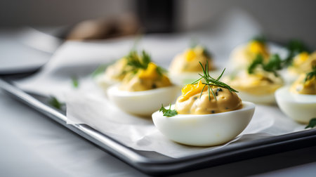 Boiled deviled eggs with mayonnaise and mustard on a plateの素材