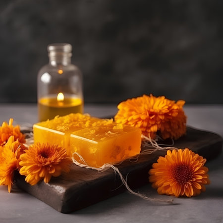 Spa still life with calendula flowers and soap on dark backgroundの素材