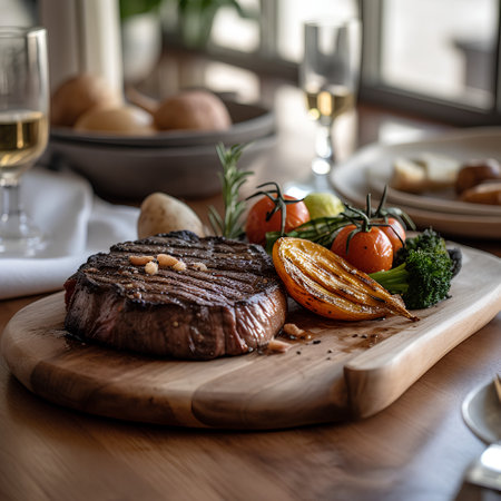 Grilled beef steak with vegetables on a wooden board. Restaurant.の素材