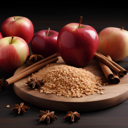 Apple, cinnamon and brown sugar on a dark wooden background. Selective focus.の素材