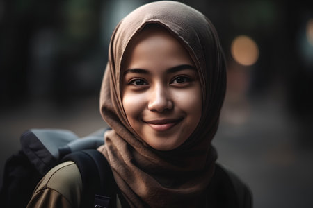 Portrait of a beautiful young muslim woman wearing hijab smiling at the cameraの素材