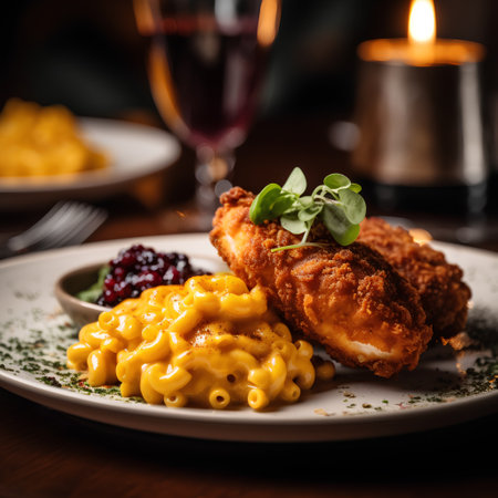 Fried chicken breast with macaroni and cheese on a plateの素材
