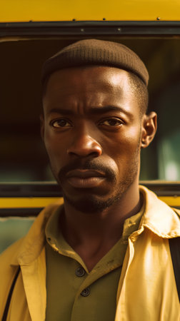 Portrait of a young african american man in a yellow raincoat.の素材
