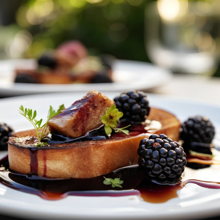 french toast with blackberries and maple syrup on a wooden tableの素材
