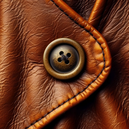 Detail of brown leather texture with button. Close-up.の素材