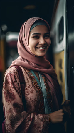 Portrait of a young muslim woman with hijab smiling at the train stationの素材