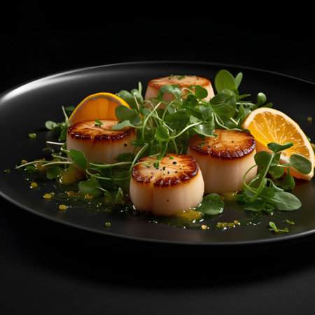 Grilled scallops with arugula and orange on black plateの素材