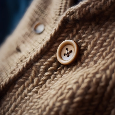 Close-up of a button on a brown sweater. Shallow depth of field.の素材