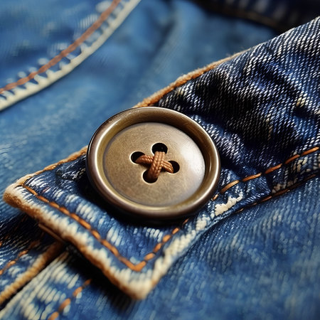Clothing button on blue jeans background close up. Fashion concept.の素材