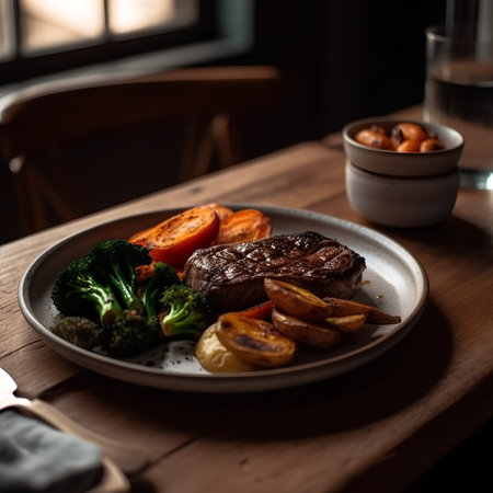 steak with potatoes and broccoli on a wooden table in a restaurantの素材
