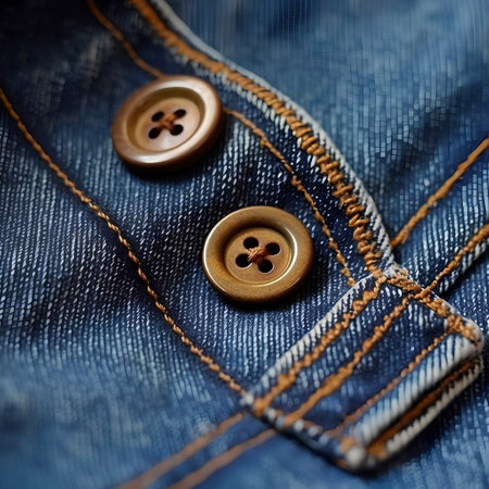 Close up of blue jeans with buttons. Shallow depth of field.の素材