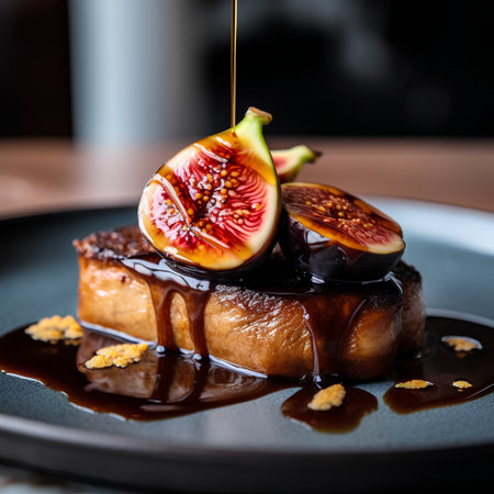 French toast with figs and chocolate sauce on a black plate.の素材