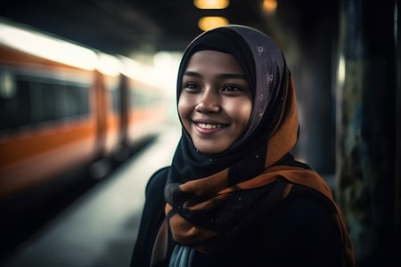 Portrait of a young muslim woman smiling at the train stationの素材