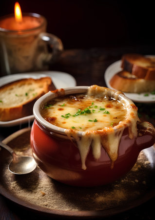 French onion soup in a ceramic pot on a wooden background. Selective focus.の素材