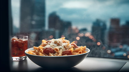 Bowl of delicious pasta with tomato sauce and cheese on the background of the cityの素材
