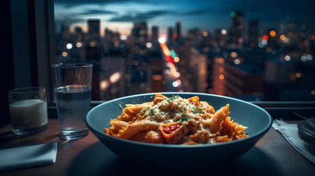 Tasty appetizing classic Italian pasta with a delicious sauce in a blue plate on the table against the background of the city.の素材